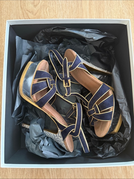 Yves Saint Laurent Shoes - YSL Tribute 105 Navy Suede High Heel Sandals with Gold Trim